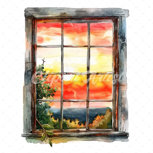 20 High-Quality Sunset Window Clipart - Sunset window digital watercolor JPG instant download for commercial use - Digital download