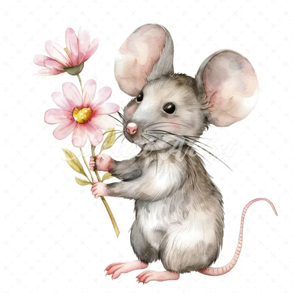 19 High-Quality Cute Mouse Clipart - Cute mouse with flower digital watercolor JPG instant download for commercial use - Digital download