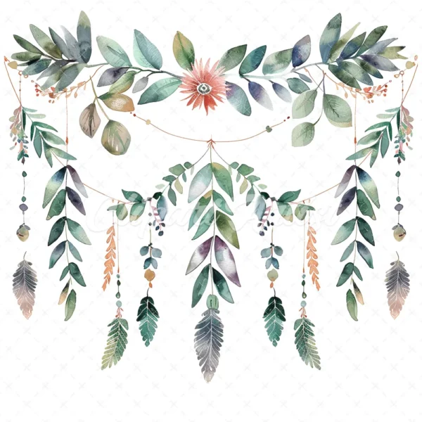20 High-Quality Boho Leaves Garland Clipart - Boho leaf garland digital watercolor JPG instant download for commercial use -Digital download