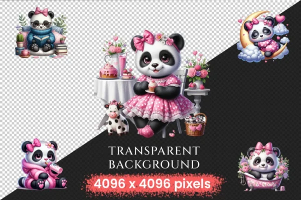 Girl Pandas PNG Clipart Collection - 50 PNG, Charming panda illustrations, Sweet panda printable art, Commercial use, Digital download