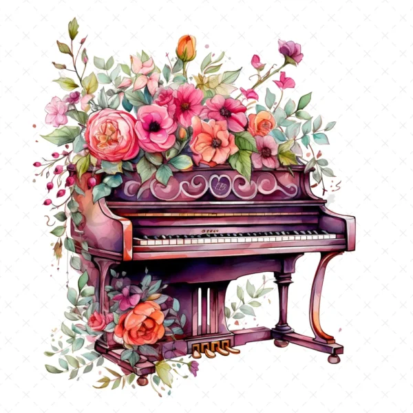 20 High-Quality Floral Piano Clipart - Floral piano digital watercolor JPG instant download for commercial use - Digital download