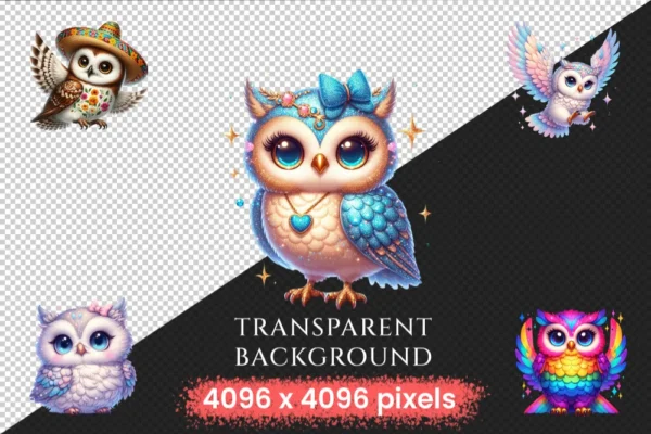 Owls (P-3) PNG Clipart Collection - 35 PNG, Charming owl illustrations, Forest creature printables, Commercial use, Digital download