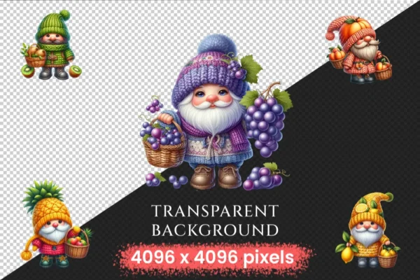 Fruit Gnomes PNG Clipart Collection - 35 PNG, Cute fruit gnome graphics, Charming gnome printables, Commercial use, Digital download