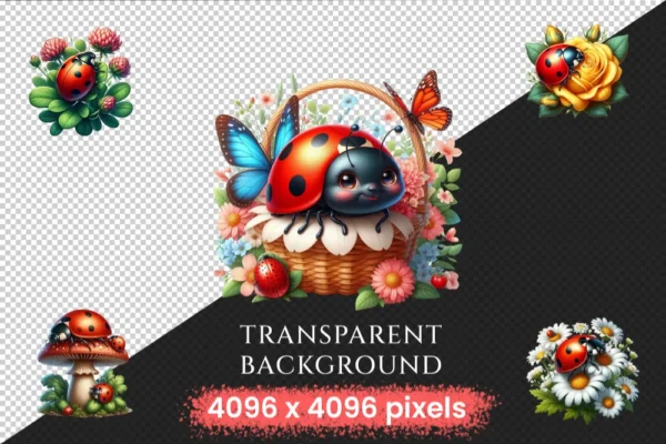 Ladybugs (P-2) PNG Clipart Collection - 54 PNG, Charming little bug illustrations, Lovable red insect art, Commercial use, Digital download