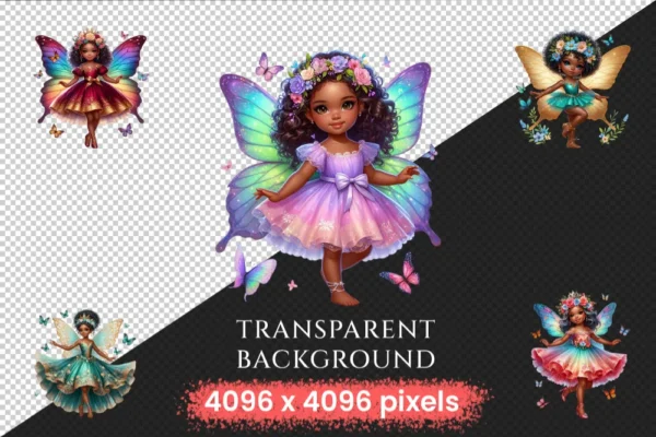 Little Fairies PNG Clipart Collection - 28 PNG, Black fairy graphics, African heritage magic art, Commercial use, Digital download