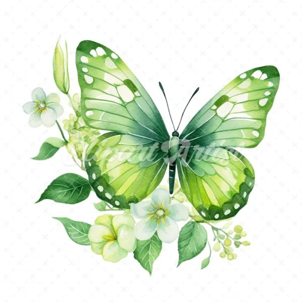 20 High-Quality Green Floral Butterfly Clipart - Butterfly digital watercolor JPG instant download for commercial use - Digital download