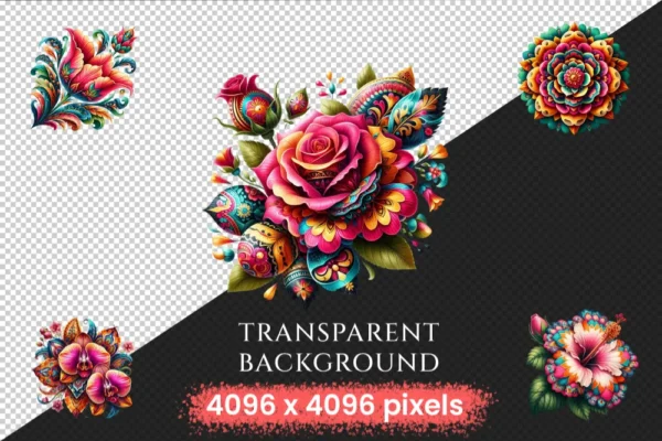 Mexican Flowers PNG Clipart Collection - 58 PNG, Cultural themed illustration, Colorful floral art, Commercial use, Digital download