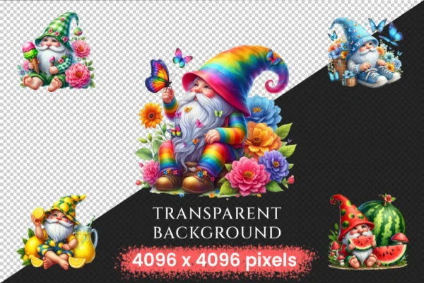 Summer Gnomes PNG Clipart Collection - 70 PNG, Bright summer gnome illustration, Cheerful printables, Commercial use, Digital download