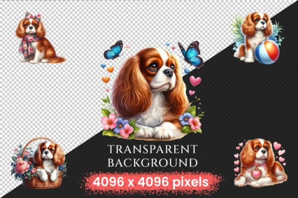 Cavalier King Charles Spaniel PNG Clipart Collection - 53 PNG, Charming dog illustrations, Spaniel art, Commercial use, Digital download