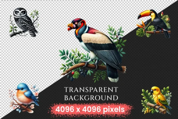 Jungle Birds PNG Clipart Collection - 42 PNG, Exotic feathered graphics, Tropical bird art, Commercial use, Digital download