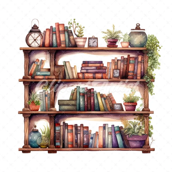 20 High-Quality Book Shelves Clipart - Book shelves digital watercolor JPG instant download for commercial use - Digital download