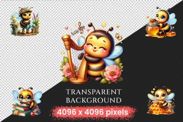 Bee PNG Clipart Collection - 72 PNG, Busy honeybee illustrations, Cute bee printables, Commercial use, Digital download