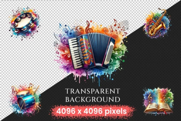 Musical Instruments (P-2) PNG Clipart Collection - 50 PNG, Colorful music graphics, Instrument printables, Commercial use, Digital download