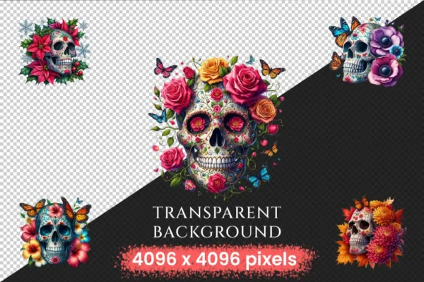 Floral Skulls PNG Clipart Collection - 50 PNG, Dark gothic illustrations, Floral skull printables, Commercial use, Digital download