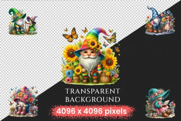 Spring Gnomes PNG Clipart Collection - 68 PNG, Wildflower gnome graphics, Spring garden printables, Commercial use, Digital download