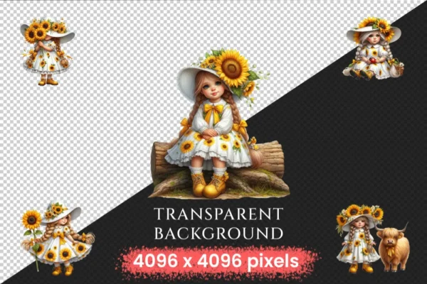 Sunflower Girl Gnomes PNG Clipart Collection - 40 PNG, Sunny gnome graphics, Sunflower printables, Commercial use, Digital download