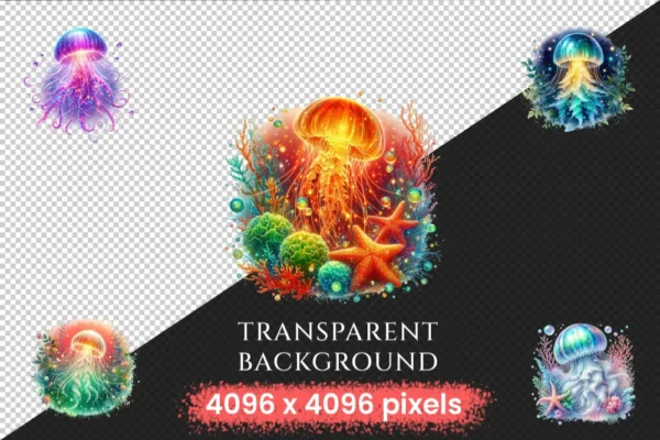 Glowing Jellyfish PNG Clipart Collection - 49 PNG, Underwater creature graphics, Ocean life printables, Commercial use, Digital download