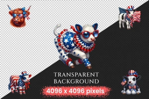 4th of July Cows PNG Clipart Collection - 55 PNG, American pride calf graphics, Cow printables, Commercial use, Digital download
