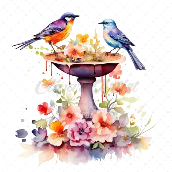 20 High-Quality Floral Birdbath Clipart - Floral birdbath digital watercolor JPG instant download for commercial use - Digital download