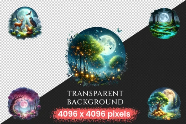 Forest Moons PNG Clipart Collection - 37 PNG, Moonlit fantasy illustrations, Forest magic printables, Commercial use, Digital download