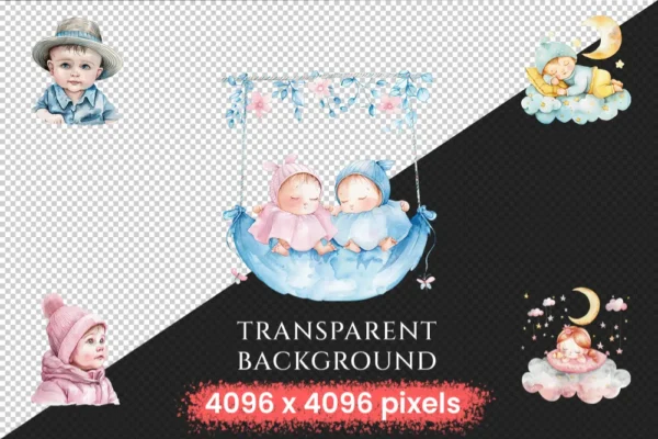 Baby Shower Watercolor Clipart Bundle - 900+ transparent PNG, Cherubic baby graphics, Adorable kids party, Commercial use, Digital download