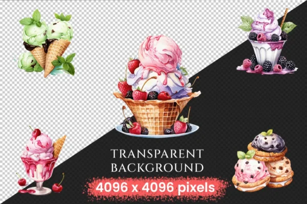 Ice Cream Watercolor Clipart Bundle - 260+ transparent PNG, Savory tasty desserts, Beach dessert, Sweets Commercial use, Digital download