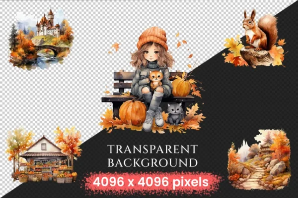 Autumn Landscapes Clipart Bundle - 300+ transparent PNG, Fall landscape clipart, Seasonal scenery graphics, Commercial use, Digital download