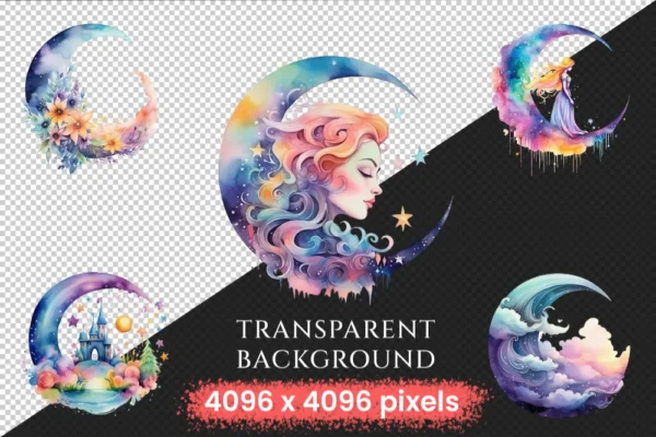 Dreamy Moons Clipart Bundle - 100+ transparent PNG, Fantasy fairytale moon art imagery, Enchanting moon png Commercial use, Digital download