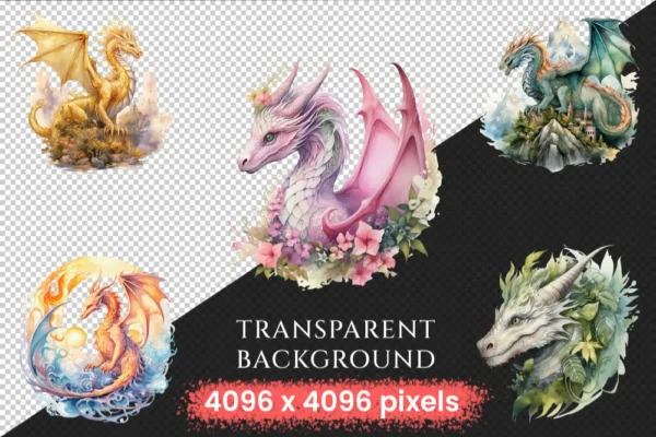 Elemental Dragons Watercolor Clipart Bundle - 190+ transparent PNG, Magical fairytale wyvern, Comic book, Commercial use, Digital download