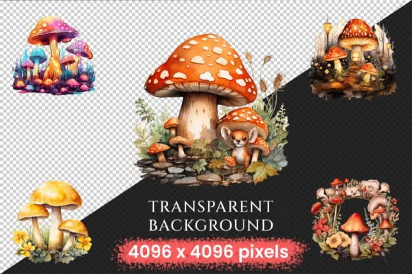 Mushrooms Watercolor Clipart Bundle - 520+ transparent PNG, Mushrooms png, Enchanted nature illustrations, Commercial use,Digital download
