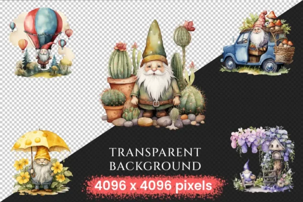 Gnomes Watercolor Clipart Bundle - 520+ transparent PNG, Enchanted gnome graphics png, Storybook gnome png, Commercial use, Digital download