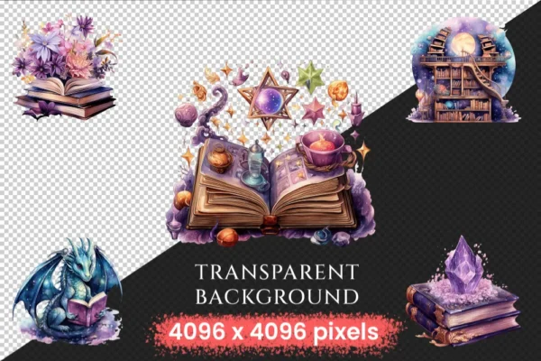 Magical Books Watercolor Clipart Bundle - 310+ transparent PNG, PNG of galaxy book, Mystical stellar images Commercial use, Digital download