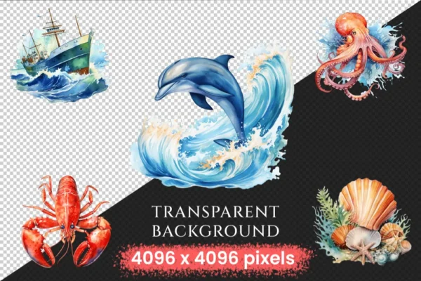Ocean Stuff Watercolor Clipart Bundle - 800+ transparent PNG, Ocean-themed clipart, Ocean creatures designs, Commercial use,Digital download
