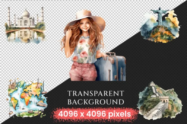Travel Watercolor Clipart Bundle - 730+ transparent PNG, Adventure, Wanderlust , Vacation holiday graphics, Commercial use, Digital download