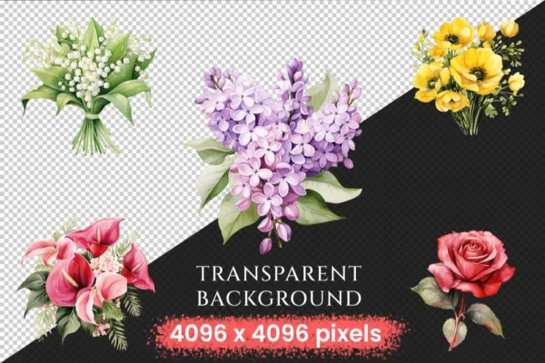 Wedding Flowers Watercolor Clipart Bundle - 545+ transparent PNG, Floral wedding elements, Bride's bouquet, Commercial use, Digital download