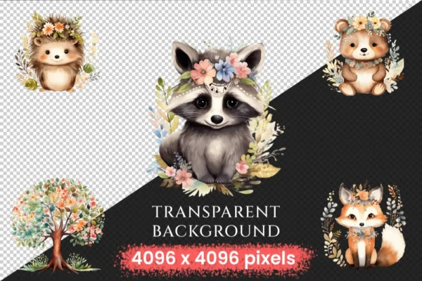 Boho Woodland Animals Watercolor Clipart Bundle - 586+ transparent PNG, Forest, Fox Bear Deer Owl Raccoon, Commercial use, Digital download