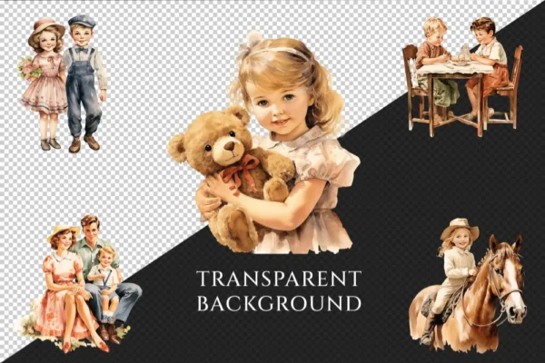 Retro Kids Watercolor Clipart Bundle - 470+ transparent PNG, Nostalgic kids art, Childhood vintage images, Commercial use, Digital download