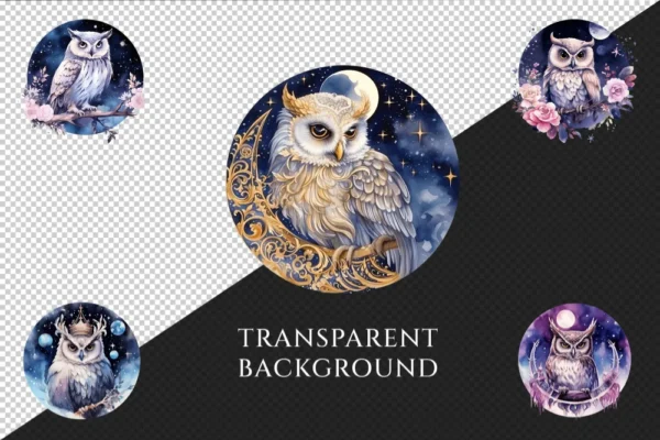 Celestial Owls Watercolor Clipart Bundle - 215+ transparent PNG, Galaxy night images, Mystical fantasy art, Commercial use, Digital download