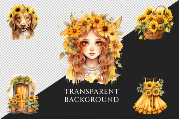 Sunflowers Watercolor Clipart Bundle - 776+ transparent PNG, Vibrant sunflower png, Radiant summer flowers, Commercial use, Digital download