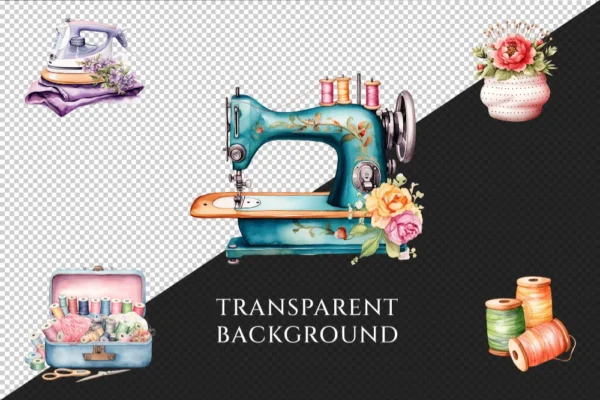Sewing Watercolor Clipart Bundle - 240+ transparent PNG, Sewing machines illustrations, Sewing kit images, Commercial use, Digital download