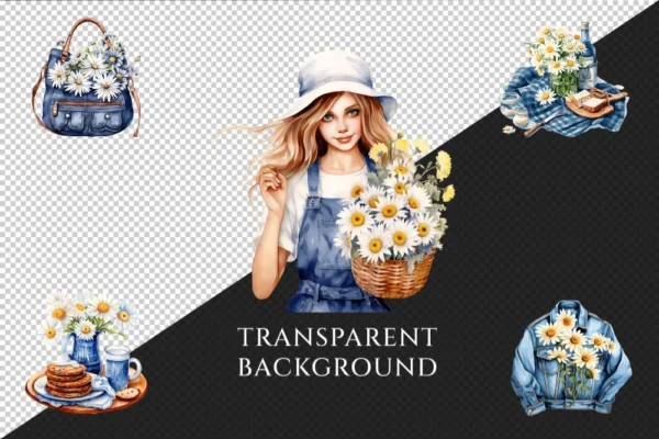 Denim Daisies Watercolor Clipart Bundle - 675+ transparent PNG, Blue springtime graphics, Daisy girl images, Commercial use,Digital download