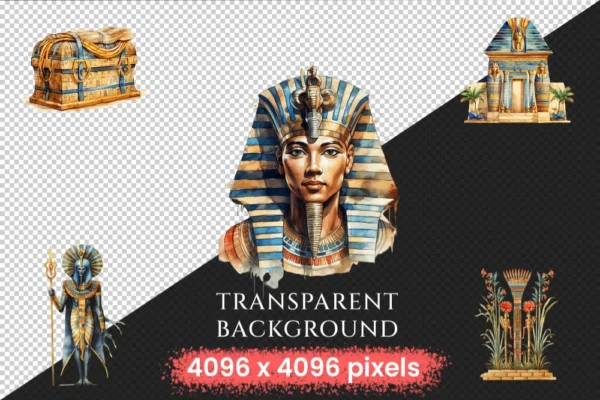 Ancient Egypt Watercolor Clipart Bundle - 770+ transparent PNG, Egyptian illustrations, Pharaohs graphics, Commercial use, Digital download
