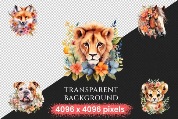 Floral Animals Watercolor Clipart Bundle - 450+ transparent PNG, Adorable animals png, Flower animal decor, Commercial use, Digital download