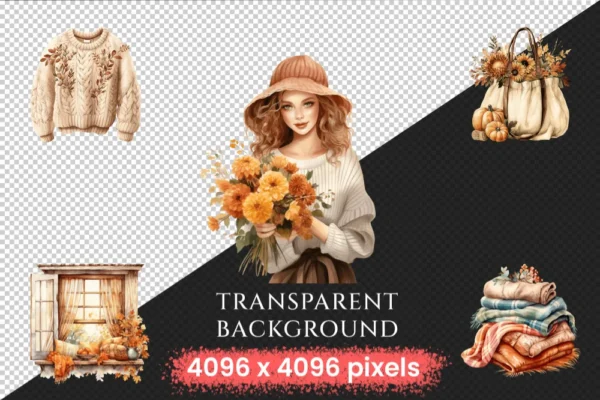 Autumn Whispers Watercolor Clipart Bundle - 360+ transparent PNG, Warm autumn graphics, Seasonal leaf png, Commercial use, Digital download