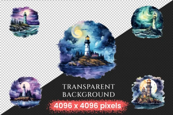 Lighthouses Watercolor Clipart Bundle - 154+ transparent PNG, Coastal views images, Seaside light Graphics, Commercial use, Digital download