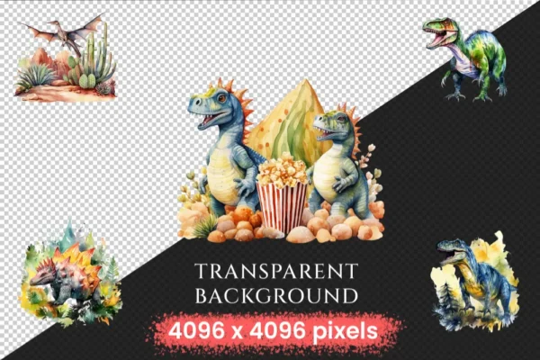 Dinosaurs Watercolor Clipart Bundle - 690+ transparent PNG, Dino graphics, Ancient dinosaur creature png, Commercial use, Digital download