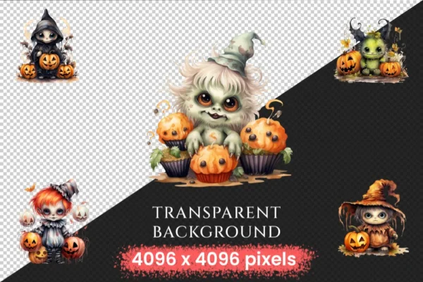 Little Monsters Watercolor Clipart Bundle - 500+ transparent PNG, Eerie graphics, Cute halloween creatures, Commercial use, Digital download