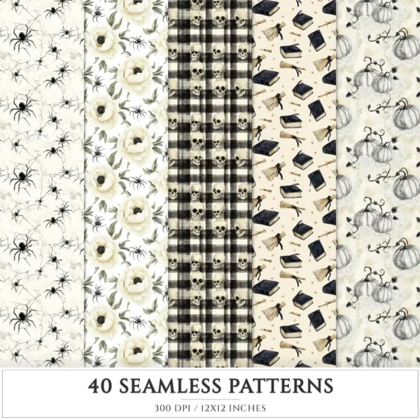Creepy and Cozy Seamless Patterns, Autumn halloween JPEG, Skeleton pattern, Bat, Spider web, Raven repeating pattern,Digital scrapbook paper