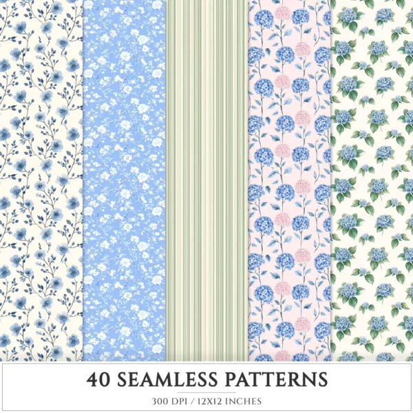 Grandmillennial Seamless Patterns, Chinoiserie JPEG, Pastel floral pattern, Stripes and plaid repeating pattern, Digital scrapbook paper