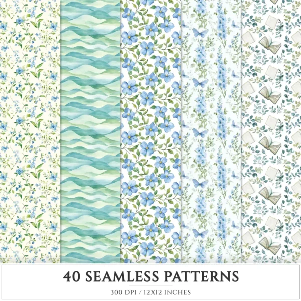 Springtime Planning Seamless Patterns, Cute spring JPEG, Spring reading pattern, Meadow flowers repeating pattern, Digital scrapbook paper